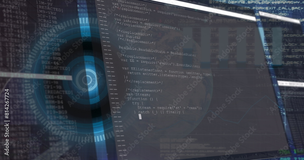 Poster image of interface with data processing over round scanner and spinning globe on blue background