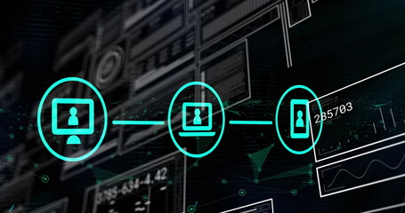 Image of data processing and media icons over black background