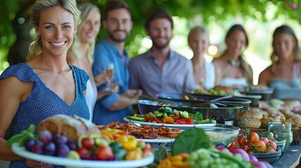 Fototapeta premium A cheerful group of friends enjoying a lavish outdoor buffet brunch in a sunny garden setting, capturing moments of joy and togetherness