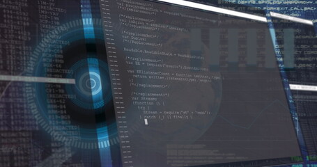 Image of interface with data processing over round scanner and spinning globe on blue background