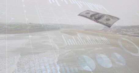 Image of data processing over landscape and banknotes