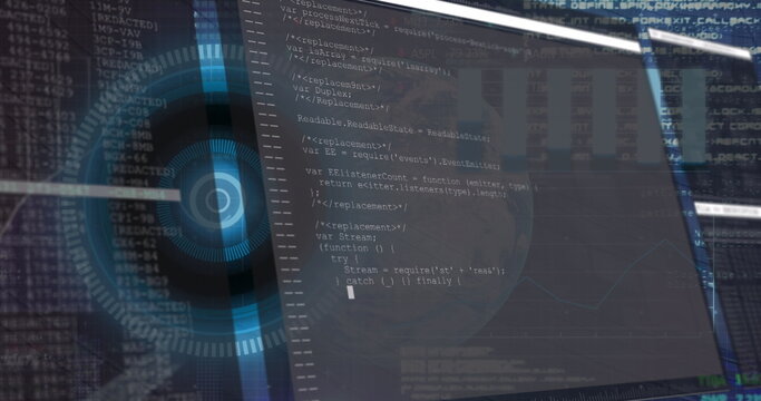 Image of interface with data processing over round scanner and spinning globe on blue background - Powered by Adobe