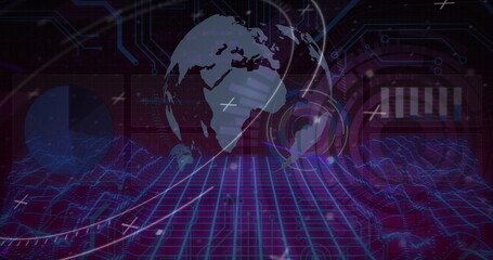 Image of scope scanning over data processing and globe on black background