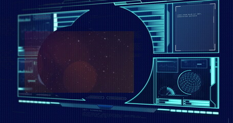 Image of snow falling and light spots over data processing on black background