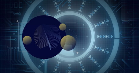 Image of shapes over data processing with scope scanning on black background
