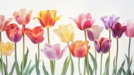 A stunning array of vibrant tulips in assorted colors, set against a crisp white background, their delicate petals illuminated by soft natural light. 