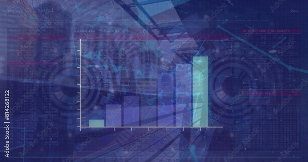 Poster image of scope scanning with data processing and network of connections over cityscape