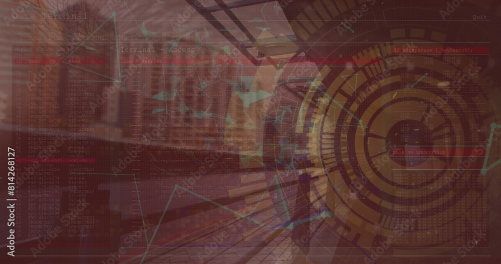 Aufkleber image of scope scanning with data processing and network of connections over cityscape