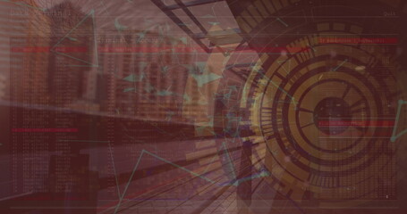 Image of scope scanning with data processing and network of connections over cityscape