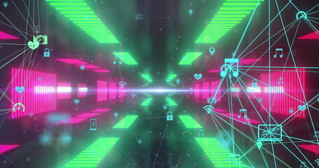 Image of globes of digital icons spinning over neon tunnel in seamless pattern