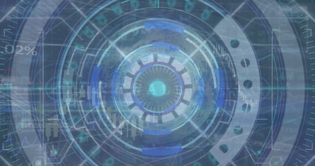 Image of scope scanning over data processing and network of connections on black background