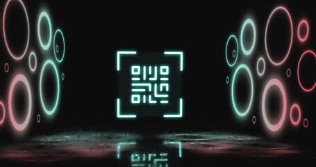Image of flickering neon qr code scanner and circular shapes against black background