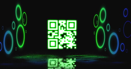 Image of flickering neon green qr code scanner and circular shapes against black background - Powered by Adobe