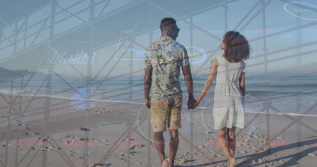 Image of hud interface, low angle view of bridge, african american couple walking at beach