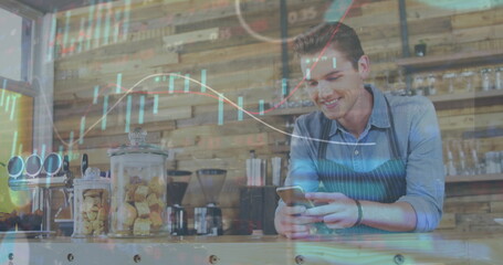 Image of infographic interface over smiling male barista using smartphone at coffee shop