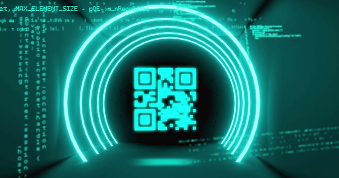 Image of qr code in illuminated circular tunnel over programming language - Powered by Adobe