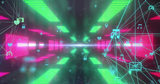 Image of globes of digital icons spinning over neon tunnel in seamless pattern