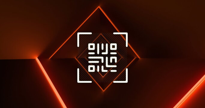 Image of qr code scanner over neon light trails in seamless pattern against orange background