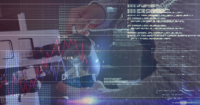 Image of graph, binary codes, computer language over cropped hand of barista pouring milk in cup - Powered by Adobe