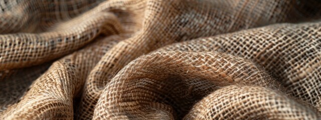 A close-up view of a rough linen fabric with visible threads and a natural.