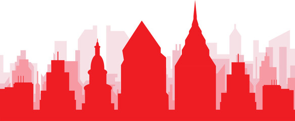 Obraz premium Red panoramic city skyline poster with reddish misty transparent background buildings of PHILADELPHIA, UNITED STATES