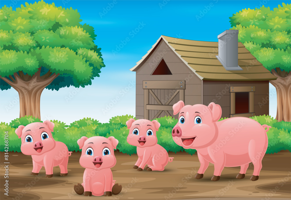 Poster three little pig playing in farm house background