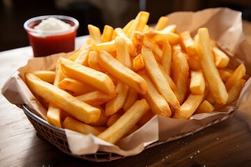 A wooden table with a basket filled with crispy golden brown french fries, served with ketchup and mayonnaise on brown paper, creating a delicious and inviting snack.