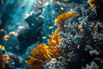 Naklejka premium A gorgeous close-up view of an underwater coral reef bathed in sunlight, featuring vibrant yellow and blue coral formations surrounded by tiny fish