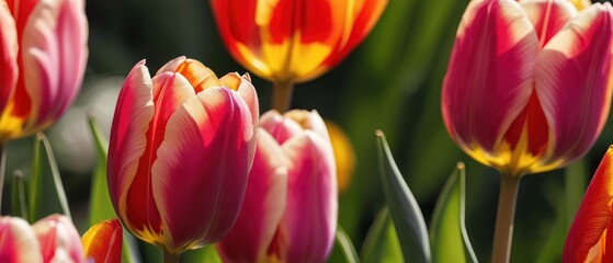 red tulips are in a field of green grass