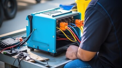 workers control electrical cables, control fiber optics. Electrical worker measures voltage and current of power lines in electrical cabinet control.