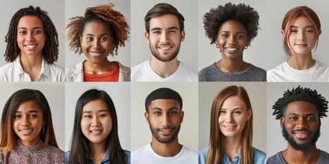 A diverse array of twelve smiling individuals from various ethnic backgrounds, showcasing multicultural unity and happiness