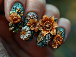 3D flowers nail art.