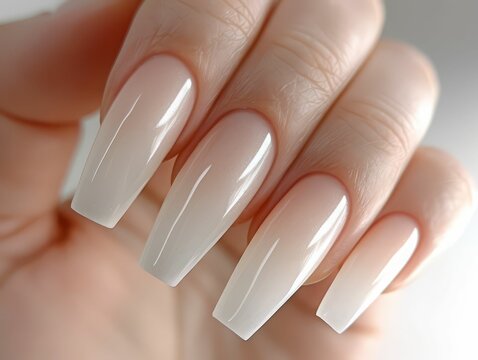 Artificial nails with a milky white to light pink gradient.