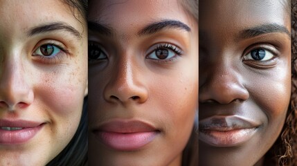 A vibrant close-up montage of three diverse women showcasing beauty and diversity across different skin tones and facial features