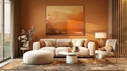 Warm tones of modern living room interior with minimal art decor design, Home interior concept, contemporary room  