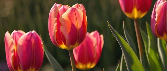 red tulips are in a field of green grass