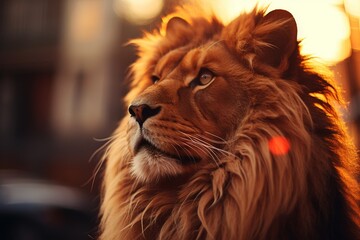 Naklejka premium Powerful male lion in its habitat. With piercing gaze and majestic mane, the lion reigns as king of the jungle. Warm golden light adds drama and intensity.