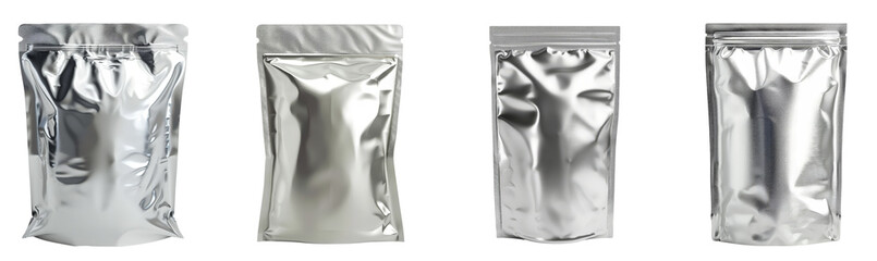 Set of aluminum blank foil food pack bag packaging, product design mockup, isolated on transparent background