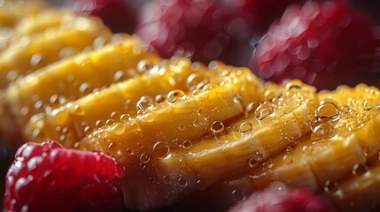 Close-up view of fresh bananas and raspberries covered in sparkling water droplets, captured in...