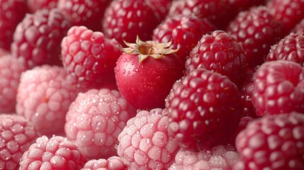 Close-up vibrant image of fresh juicy raspberries and a single strawberry, glistening with water...