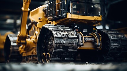 Close-up view of the wheels of an excavator machine