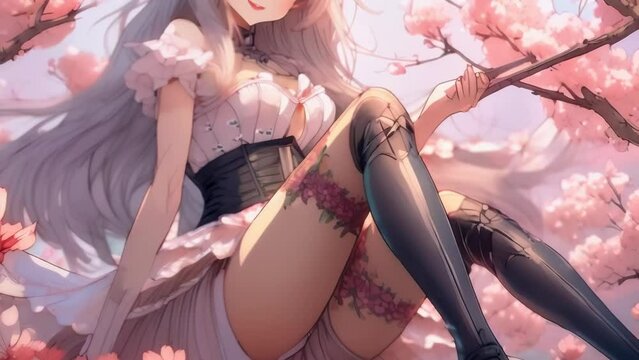 A young anime girl with long silver hair and a delicate pink dress sits amidst blooming cherry blossom trees. She is wearing black thigh-high stockings adorned with floral patterns.