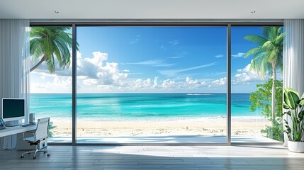 A stunning view from a modern office showcasing an expansive beachfront, crystal clear ocean, and vibrant greenery visible through a large glass window
