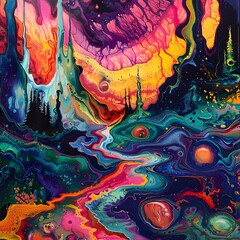 Vibrant Psychedelic Landscape Painting with Molten Lava Forms in a Surreal Cosmic Sea