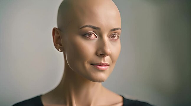 jeune femme chauve souffrant alop&eacute;cie suite &agrave; un traitement de chimioth&eacute;rapie pour soigner un cancer, espace pour texte sur le c&ocirc;t&eacute;