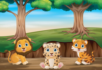 Naklejka premium Baby animal cartoon in a beautiful green forest