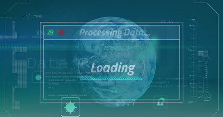 Image of interface with data processing over spinning globe against green background