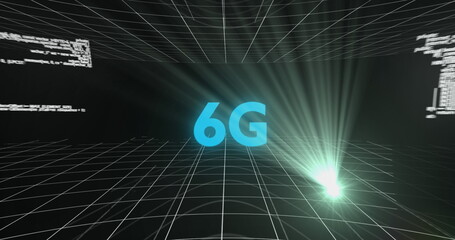 A global network of connections and technology, with the text 6g appearing on screens throughout the
