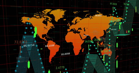 Image of financial data processing over world map against black background