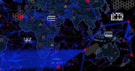 Image of plexus networks and data processing over world map against black background